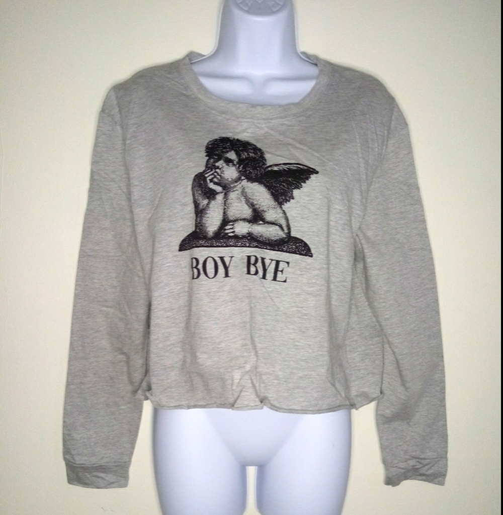 Electric pink gray graphic long sleeve crop top